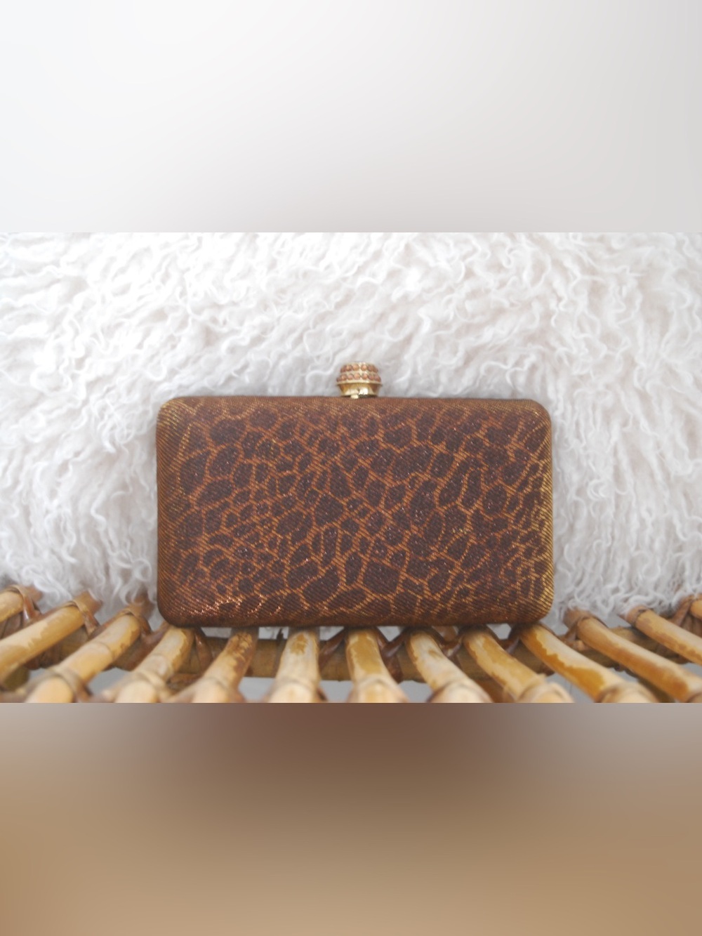 Giraffe-Texture Brown Sparkly Evening Clutch with Gold Accent
